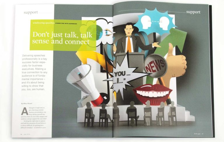 Paper art Illustration mit Menschen und Symbolen für Kommunikation, Diskussion und Zustimmung.