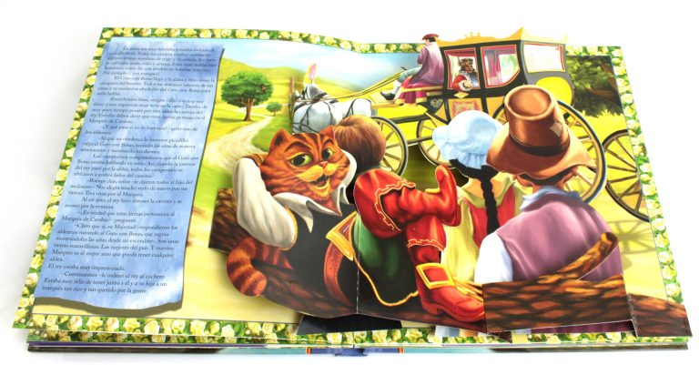 Ein aufgeschlagenes Kinderbuch mit bunten Illustrationen von Tieren und einer Kutsche mit verschiednen Pop up Elementen