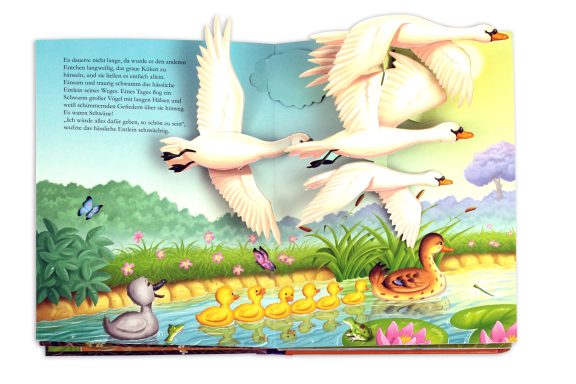 Eine bunte Szene mit Schwänen, Enten und einer grünen Landschaft am Wasser.