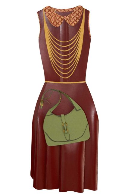 Papiermode mit rotem Kleid mit Goldketten und grüner Handtasche.