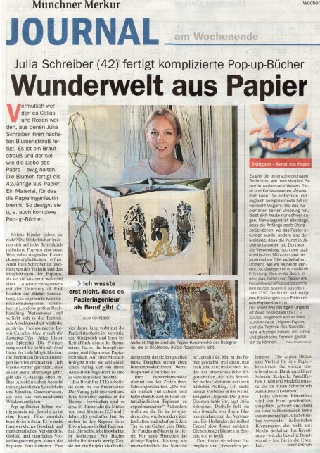 Artikel über Julia Schreibers Papierkunst im Münchner Merkur.