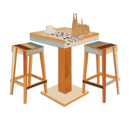 Holztisch mit zwei Barhockern und einem Spiel aus Steinen und Figuren aus Papier.