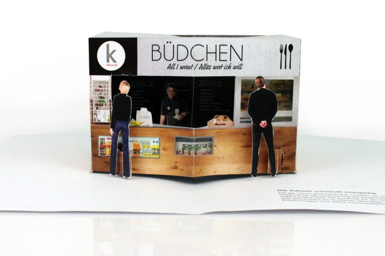 Papier Modell eines Imbissstands mit zwei Personen als Pop up